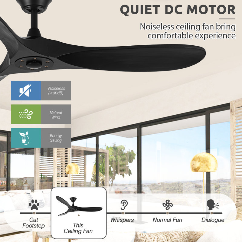 Solid Wood Ceiling Fan with  Remote, 132cm, Black