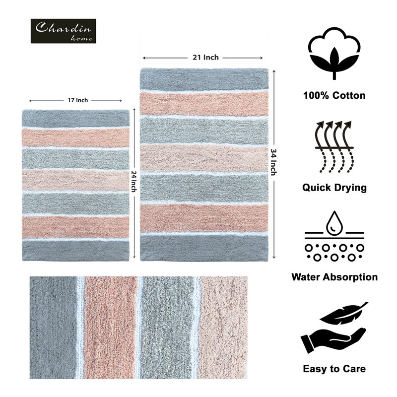 Ensemble de 2 tapis de bain à rayures antidérapants 100% coton Cervantes, Gris/Rosé, 21''x34''/17''x24''