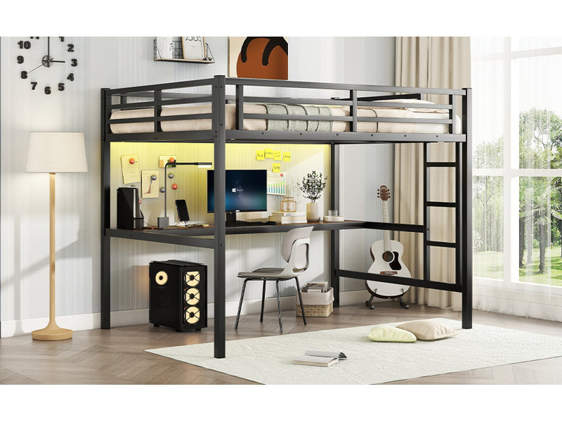 Metal Full Size Loft Bed  With Power Outlet And LED Lighted, Space-Saving, Noise Reduced, Black