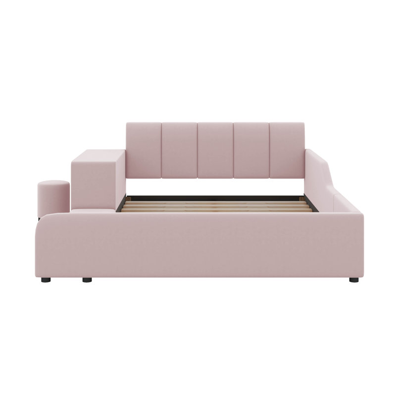 Lit tapissier double Ilyne, lit pour mère et enfant avec bureau de chevet et petit tabouret rond, Rose