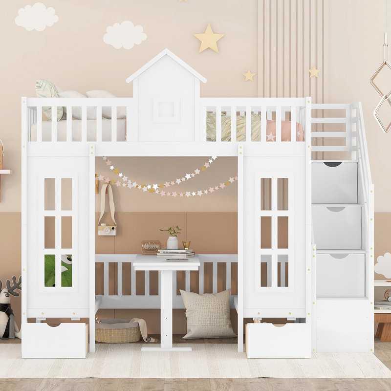 Geraine Bunk Bed with Changeable Table, Bunk Bed Turn into Upper Bed and Down Desk, Twin Over Twin, White
