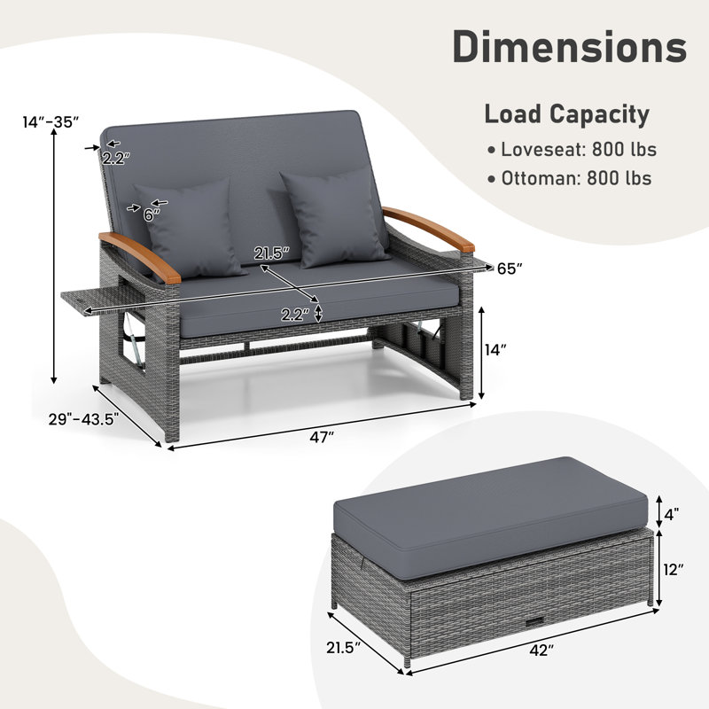 Outdoor Wicker Daybed With Folding Panels & Storage Ottoman, Gray, Gray, Gray