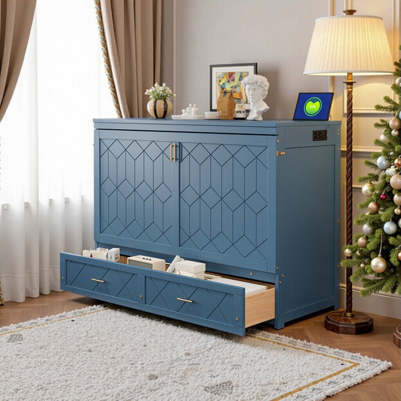 Armoire murale escamotable pour grand lit avec tiroir de rangement et prises intégrées / ports USB - meubles transformables