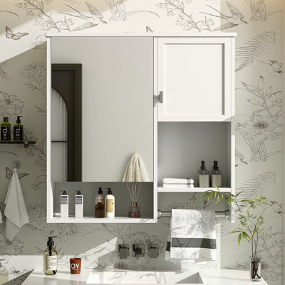 Armoire à pharmacie murale 29 po x 28 po, armoire de rangement murale avec miroir, armoire de rangement au-dessus de la toilette avec barre à serviettes