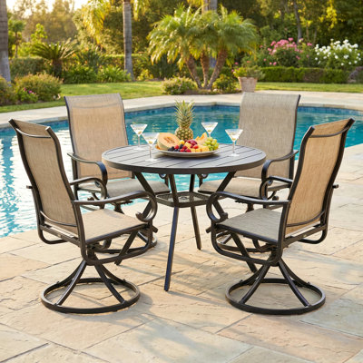 Ensemble de salle à manger de patio 5 pièces pour 4, 4 chaises pivotantes et table ronde en métal de 42 po avec trou pour parasol