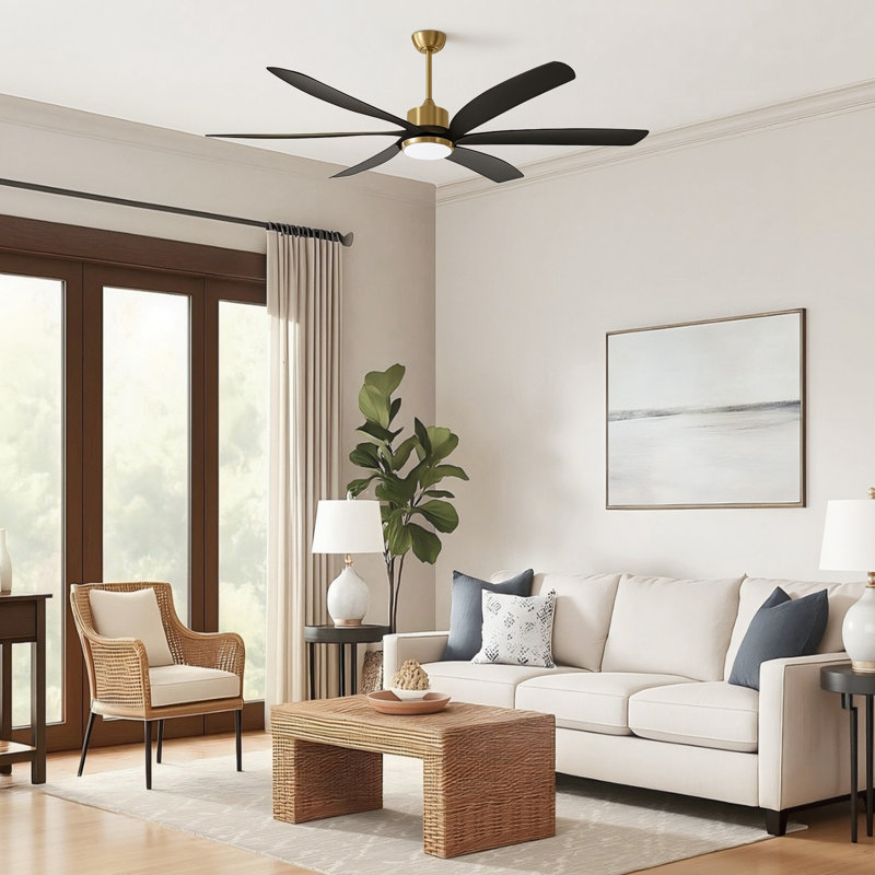 Grand ventilateur de plafond 64 po avec lumière DEL et télécommande, Noir, Doré