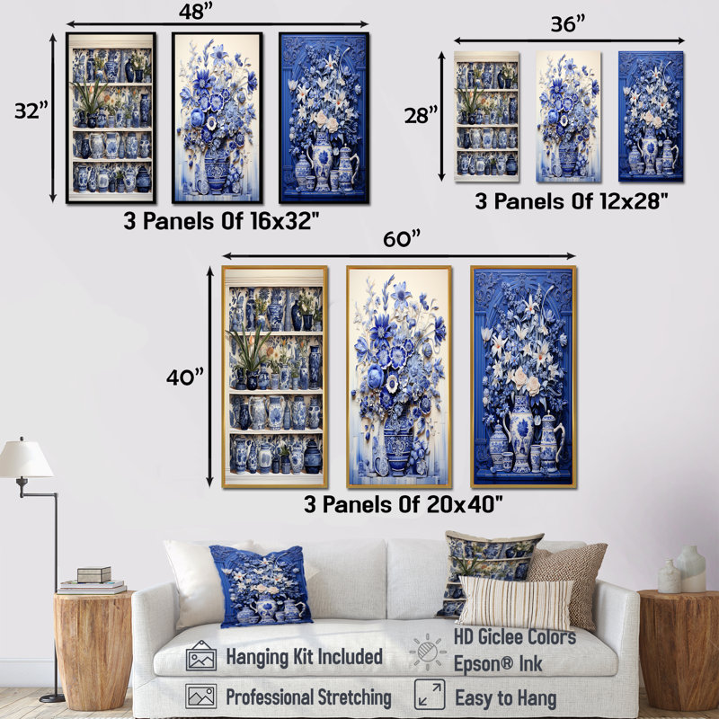 «Blue Boho Plant Pottery I», ensemble de 3 reproductions d'art sur toile, Cadre flottant doré, H 40 po x l 60 po