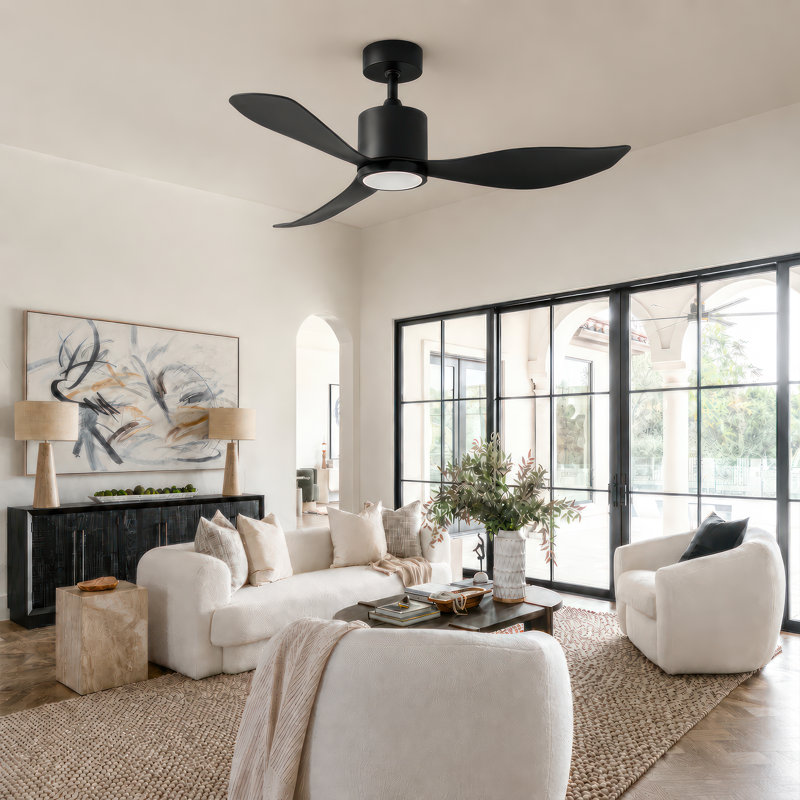 52" Ceiling Fan with Light High-Airflow 6-Speed Remote Control, Reversible Airflow Low Noise DC Motor, Black, Black