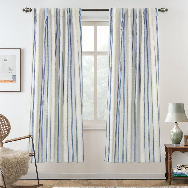 Paire de rideaux occultant, Rayures bleu marine / languette en lin clair, L 52 po x L 72 po