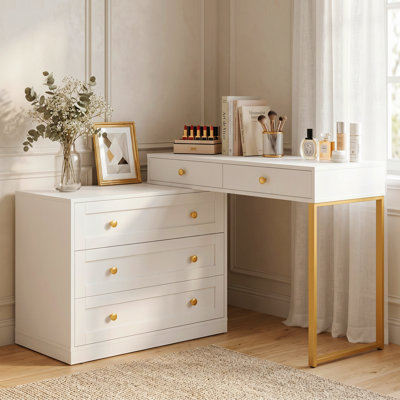 Meuble-lavabo de maquillage avec rangement, meuble-lavabo de coin en L avec 5 tiroirs, finition blanche et dorée pour les petits espaces, coiffeuse moderne pour la chambre à coucher