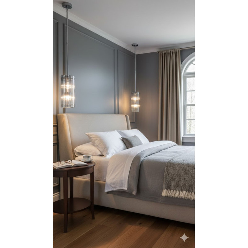 Luminaire suspendu cylindrique 4 lumières chrome avec tiges en verre transparent