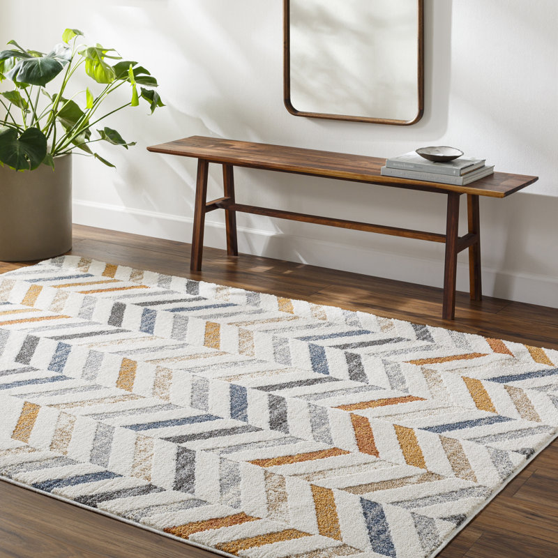 Rectangle Kynon Chevron Machine Woven Polyester Area Rug in Orange/Blue, Rectangle 5'3" x 7'