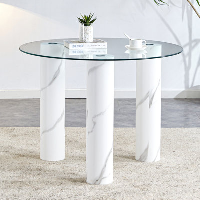 Table de salle à manger ronde en verre trempé transparent, pieds en panneau de fibres à densité moyenne blanc, table de salle à manger de cuisine, table de salle à manger de salon 40 po x 40 po x 29,4 po F-X03