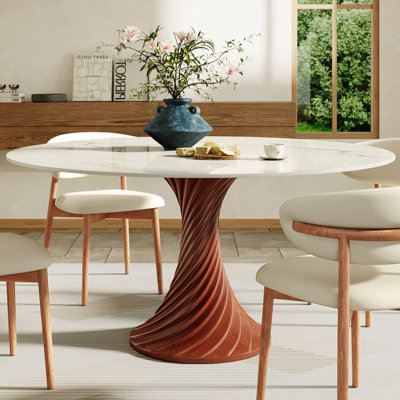 Kitchen Farmhouse Round Dining Table For 4-8 People Solid Wood & Sintered Stone Tabletop 47"/53"/59"