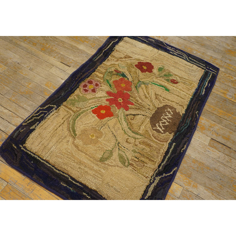 Antique Folk Art Flowers Vase Design American Hooked Rug