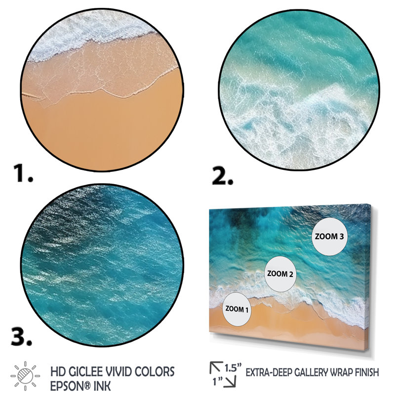 Vue aérienne de la plage bleue Tranquility III - plage, art mural, Cadre flottant doré, H 30 po x l 40 po x P 1,5 po