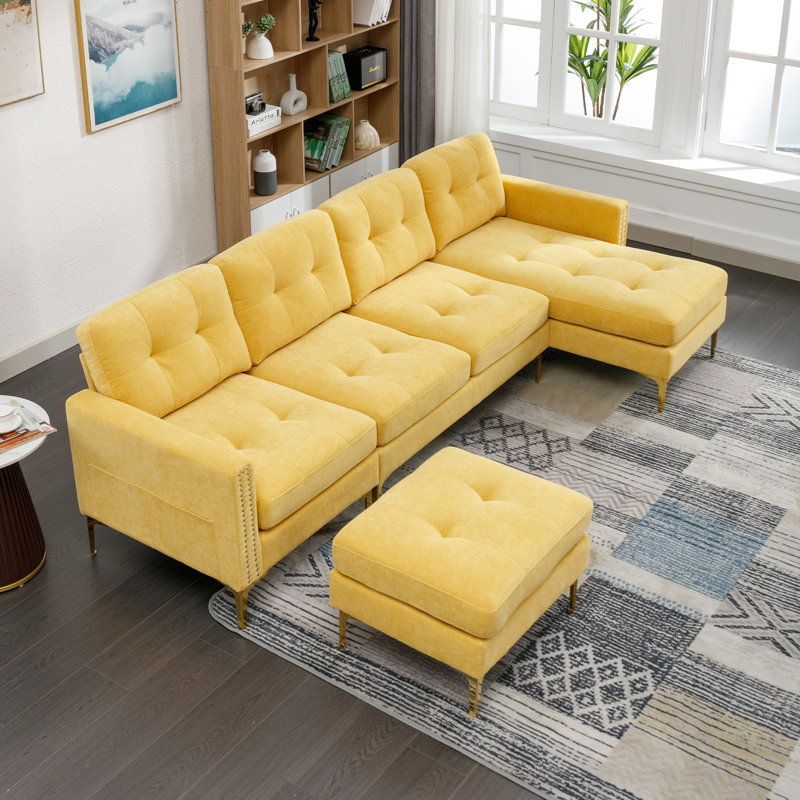 Canapé modulaire convertible en L 110 po avec repose-pieds mobile pour salon, Jaune