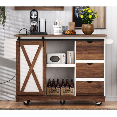 Farmhouse Kitchen Island with Drop Leaf | Barn Door Storage, Power Outlet & Wheeled Rolling Cart w/ Spice Rack – for Kitchen/Dining Room by Ophelia & Co.