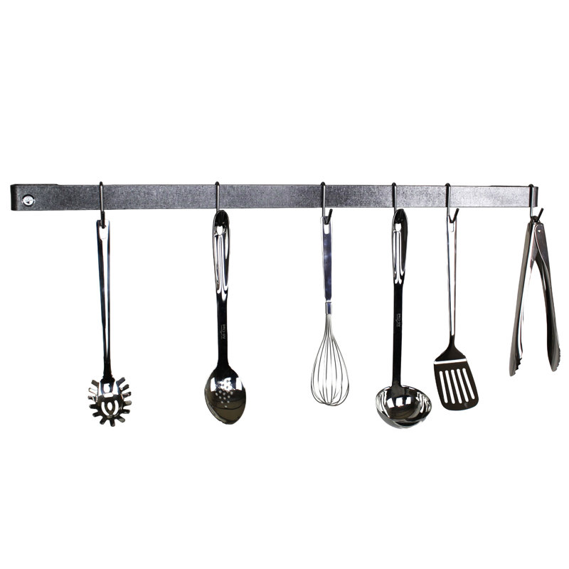 Utensil Bar Handcrafted Wall Mounted Pot Rack, 4.5" H x 36" W x 2" D, Hammered Steel