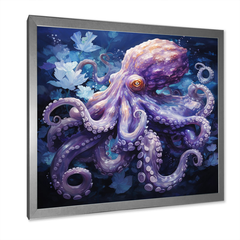 Purple Octopus Lunar Reflections II - Animals Wall Art Prints, H 24 po x l 24 po x P 1 po, Cadre simple argenté