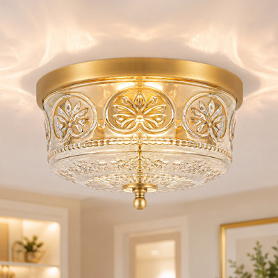 Plafonnier encastré vintage en bronze antique doré rétro, 2 lumières 12 po, abat-jour en verre transparent épaissi à motif unique HD, plafonnier de ferme pour cuisine, vestibule, vestibule, couloir