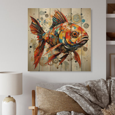 Fishing Pop Art Piscine II - Animals Print on Natural Pine Wood