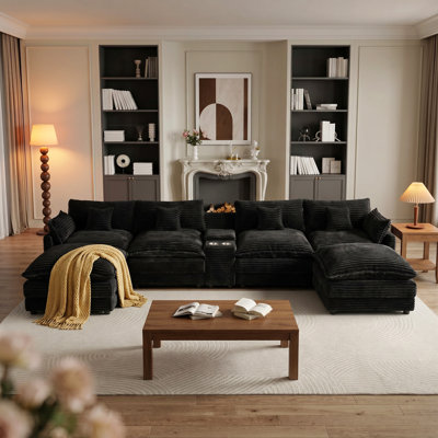 Canapé d'angle en forme de U Cloud de 145 pouces, canapé Cloud surdimensionné en velours côtelé, grand canapé d'angle modulaire confortable et moelleux, ensemble de canapés d'angle 6 places avec console centrale et port USB