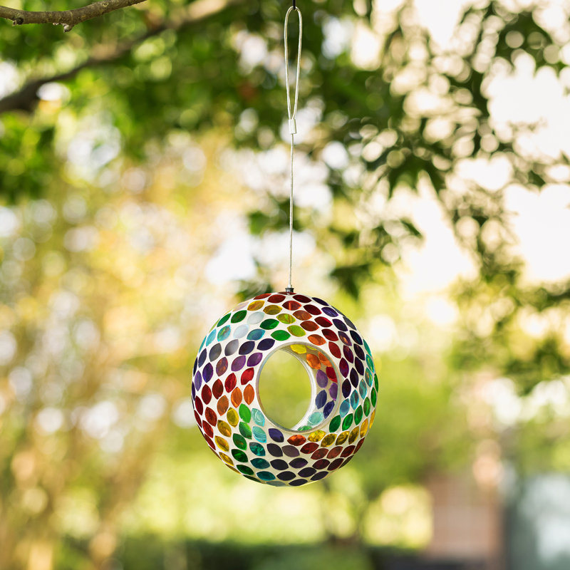 8'' Round Multicolor Mosaic Glass Hanging Bird Feeder