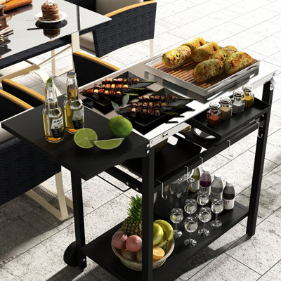 Chariot-bar d'extérieur, noir avec table en acier inoxydable, 2 crochets à ustensiles, plateau de service 2, porte-serviettes