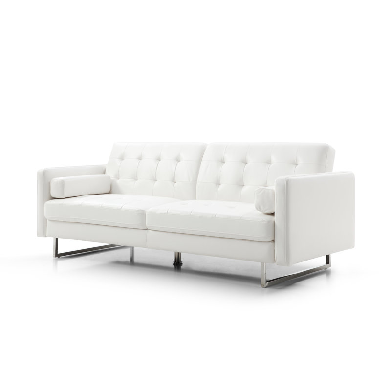 Växjö 87'' Faux Leather Sleeper, White Faux Leather, Chrome