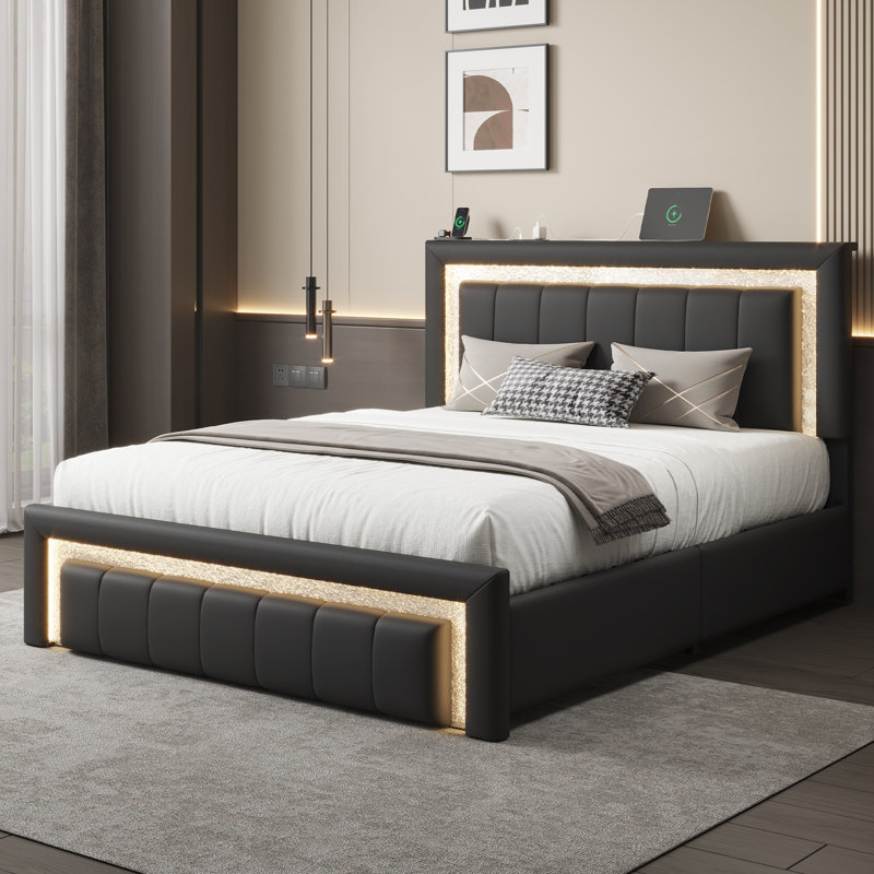 Full upholstered Platform Bed with Vertical Block Design Headboard, 4 Sliding Storage Drawers，RGB LED Light & Charging Station, Easy to Assemble, Black