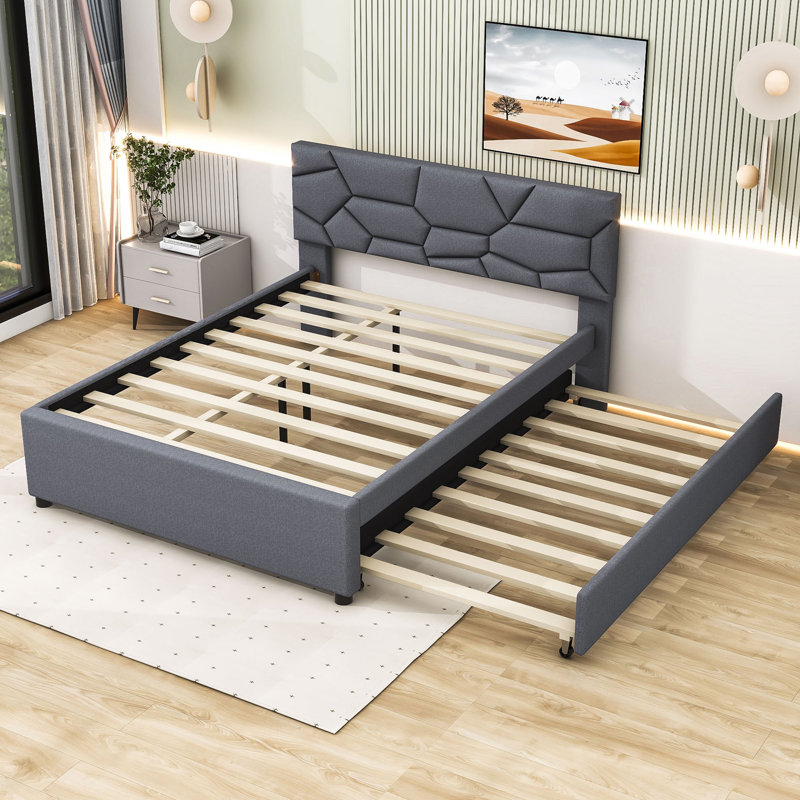 Lit plateforme tapissier avec couchette Elerte, gris, Grand