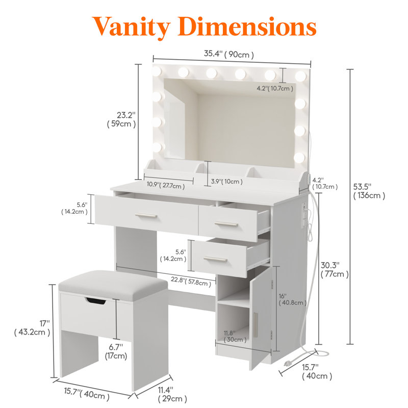 Vanity With Large Mirror And Lights, Adjustable Color/brightness, 2 Power Outlets/ 2 Usb Ports, White Makeup Desk With Storage Stool, 3 Drawers, 1 Cabinet, 3 Open Storage Space