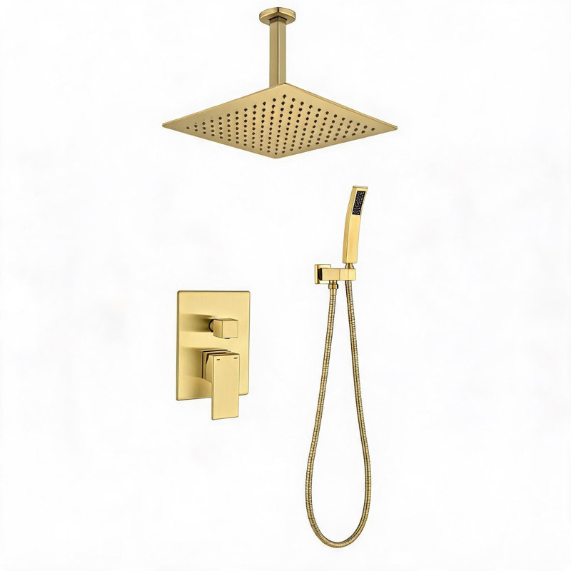 Ensemble de système de douche 12 po avec douchette à main en laiton doré, Or brossé