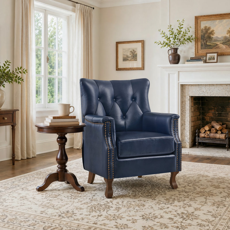 Fauteuil d'appoint Redi 29,5 po (75 cm) de largeur en cuir véritable avec dossier capitonné, idéal pour le salon, la chambre ou le bureau.