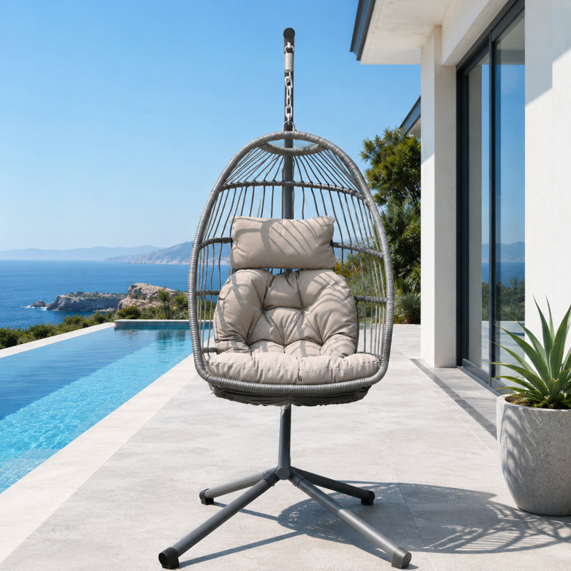 Fauteuil à œufs suspendu d'extérieur avec support, balancelle en osier PE avec coussin et coussin, Beige