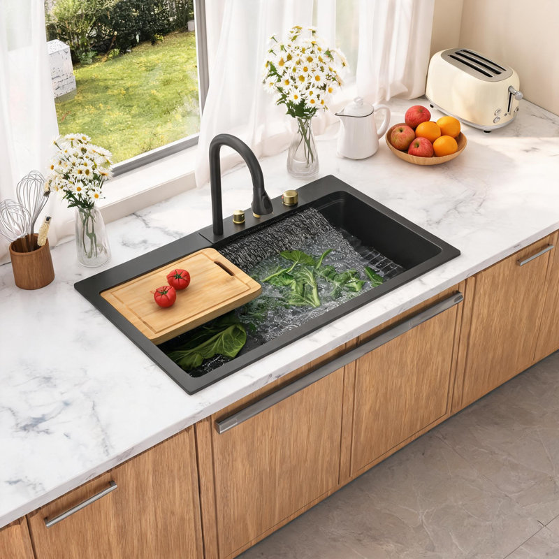 Évier de cuisine encastré à une cuve en composite de granit et quartz noir de 33 pouces avec robinet extractible
