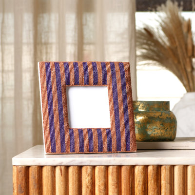 Beaded Embroidered Photo Frame 4" x 4" - Decorative Striped Tabletop Picture Frame