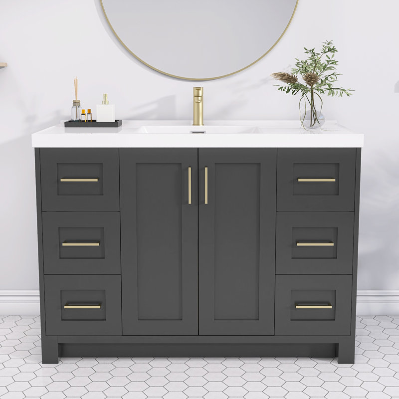 Ensemble de meuble-lavabo simple 48 po en bois massif avec comptoir à surface solide, armoire de bain pré-assemblée gris foncé