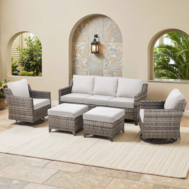 7 - Person Outdoor Wicker Patio Conversation Furniture Sofa Set With Swivel Chairs & Ottomans, Beige