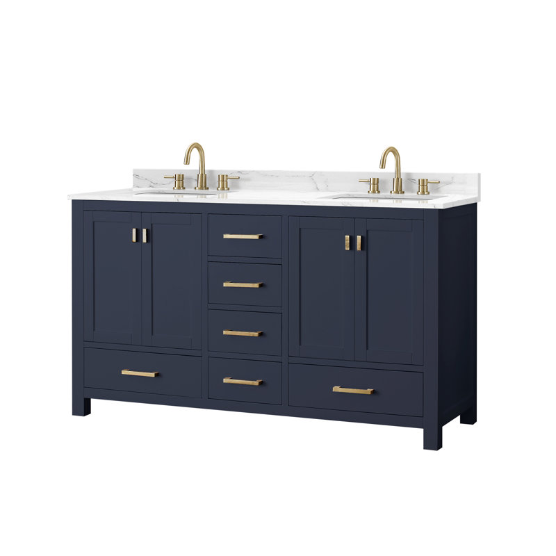 Modero 60" Double Bathroom Vanity with Top, Navy Blue, Cala White Marble