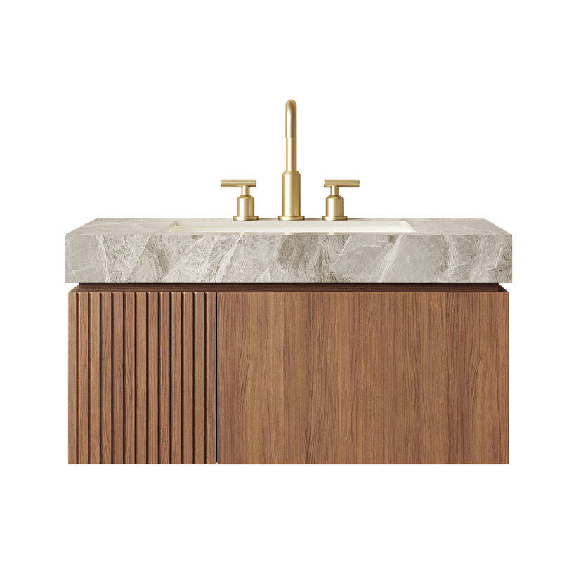 Meuble-lavabo flottant avec plateau en pierre frittée et lavabo en céramique