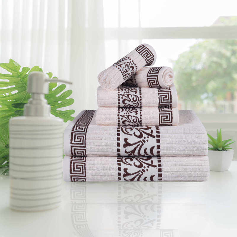 Mikira Athens Cotton Medium Weight Floral Border Greek Key Trim 6 Piece Assorted Towel Set, Ivory/Chocolate