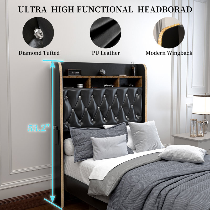 Structure de lit tapissier à oreilles avec haut-parleur USB Galaxy Star, tiroirs et tête de rangement, Lit simple, Noir
