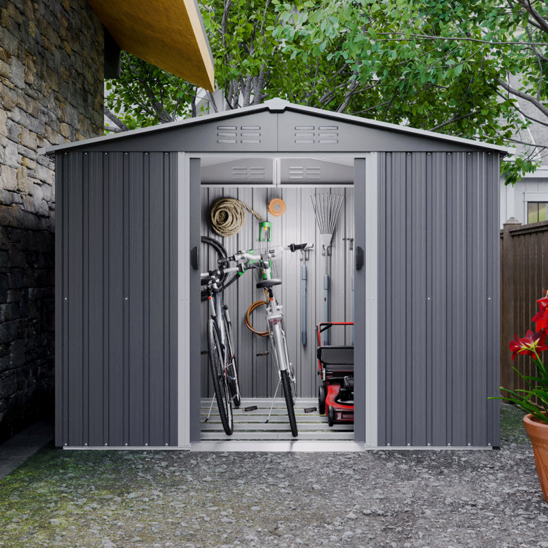 8X6 FT Outdoor Tool Storage Shed With Metal Foundation & Lockable Doors, All Weather Metal Sheds
