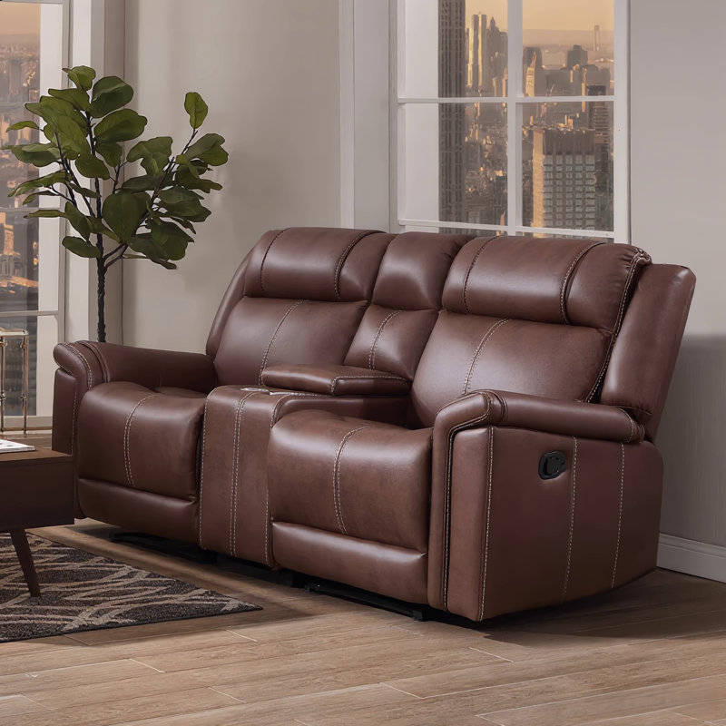 75'' Wide Upholstered Faux Leather Manual Reclining Loveseat With Storage and Cupholders, Brown