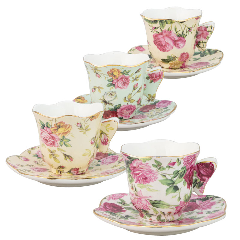  Porcelain Rose Chintz Espresso Cup and Saucer with Butterfly Handle Assorted (Set of 4)