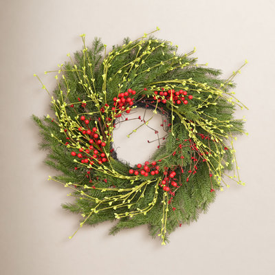 24" Artificial Farmhouse Twig Christmas Greenery Pine Needles Red Berries Winter Front Door Wreath