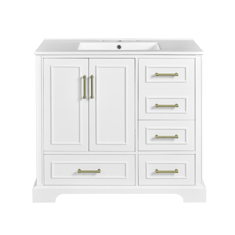 Meuble-lavabo traditionnel de 36 pouces avec lavabo en céramique, portes à fermeture douce et grand rangement pour des salles de bain élégantes et fonctionnelles