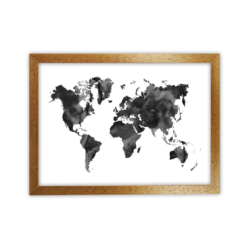 Watercolour World Map - Black - Print, Brown Framed, 29.7 cm H x 21 cm W x 4 cm D, Wrapped Canvas
